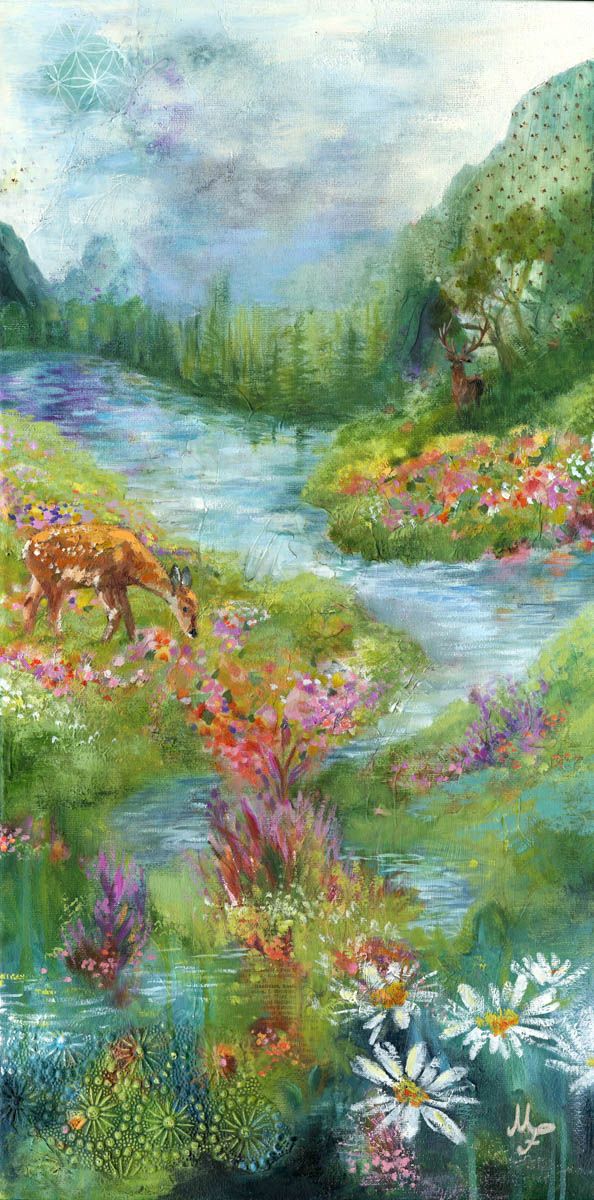 Begegnung am Fluss – Original-Ölgemälde von Monique Fischer, 30 × 60 cm
