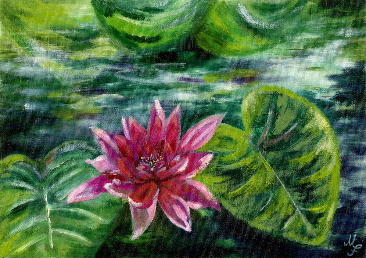 Nymphe des Wassers – Original-Ölgemälde von Monique Fischer, 21 × 29,7 cm