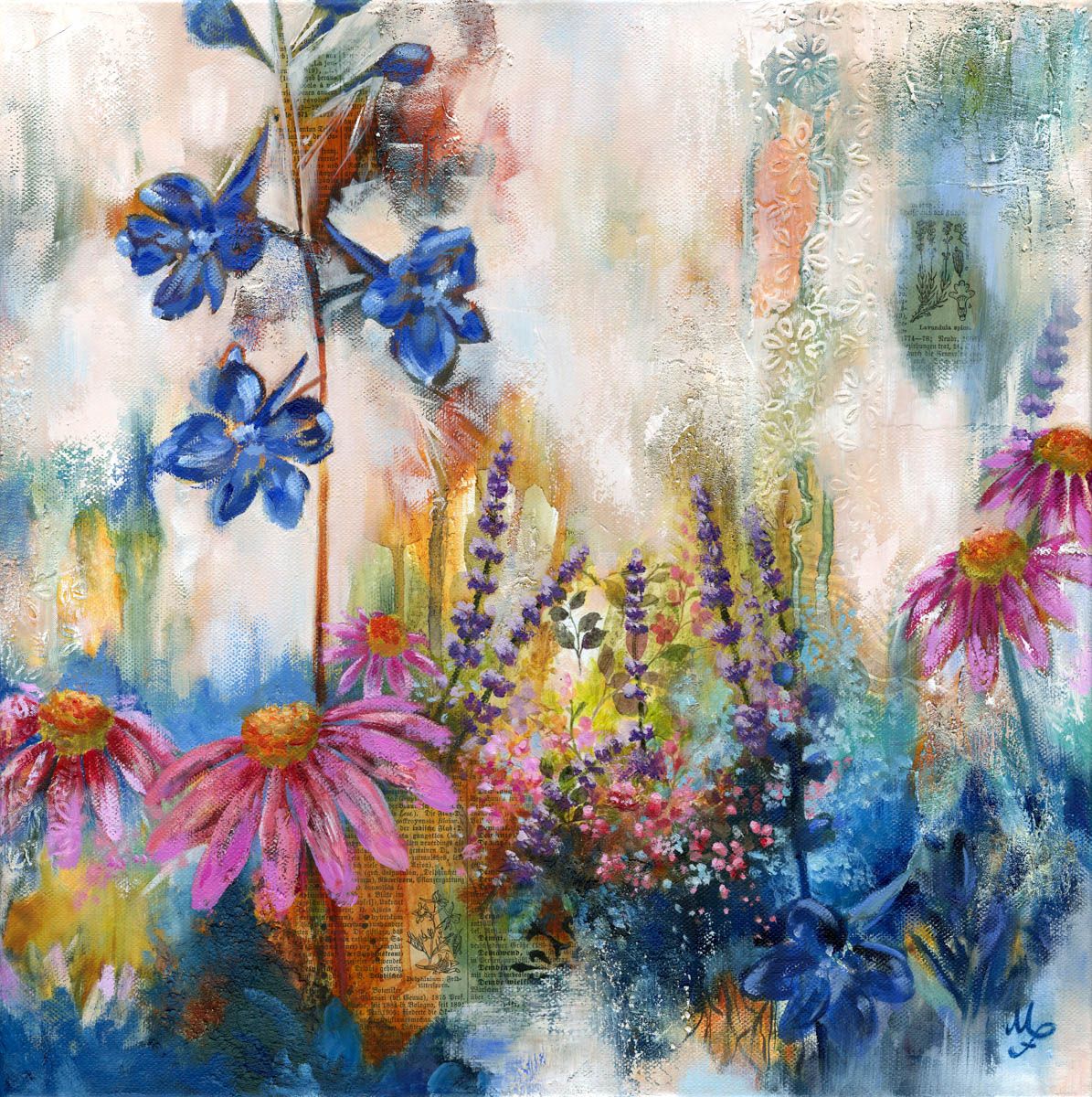 Zwischen Sonnenhut und Rittersporn – Original-Ölgemälde von Monique Fischer, 40 × 40 cm